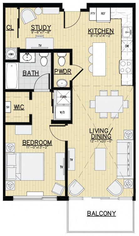 Floor plan for 1 bed, 1 bath, 840 sqft